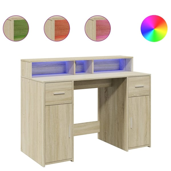 vidaXL skrivebord med LED-lys 120x55x91 cm konstrueret træ sonoma-eg