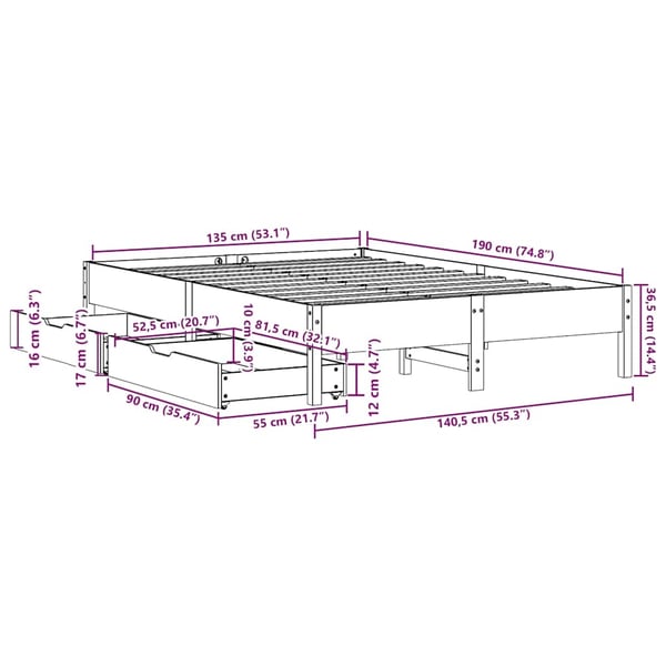vidaXL Sengeramme uten madrass brun 135x190 cm heltre furu
