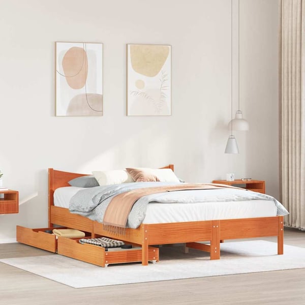 vidaXL Sengeramme med skuffer voksbrun 140x200 cm heltre furu