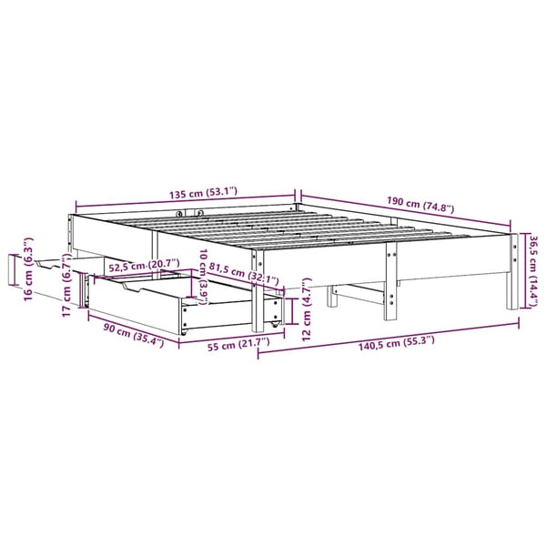 vidaXL Sengeramme uten madrass hvit 135x190 cm heltre furu