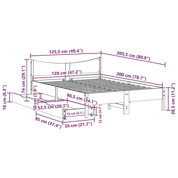 vidaXL Sengeramme med skuffer voksbrun 120x200 cm heltre furu