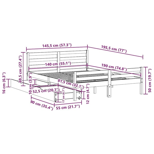 vidaXL Sengeramme uten madrass 140x190 cm heltre furu