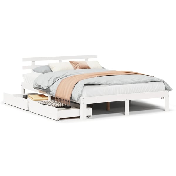 vidaXL Sengeramme med skuffer hvit 135x190 cm heltre furu