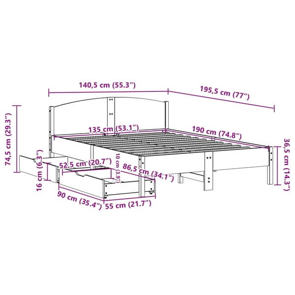 vidaXL Sengeramme uten madrass hvit 135x190 cm heltre furu