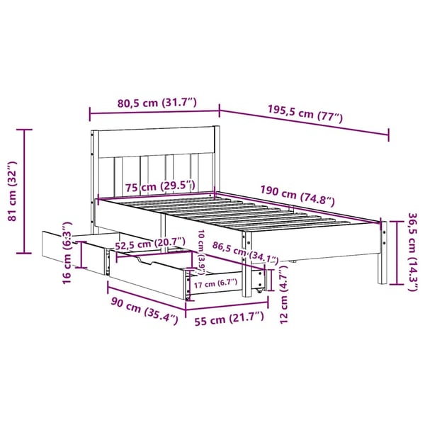 vidaXL Sengeramme uten madrass voksbrun 75x190 cm heltre furu