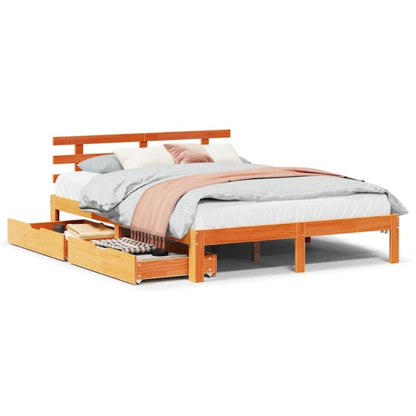 vidaXL sengeramme med skuffer 150x200 cm massivt fyrretræ gyldenbrun
