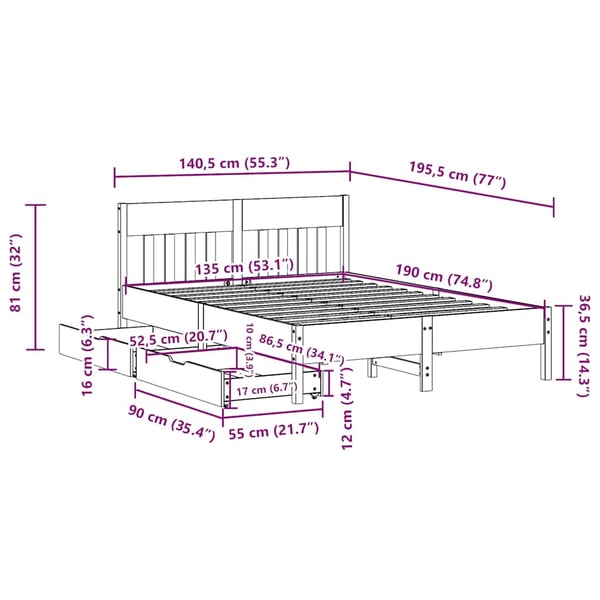 vidaXL Sengeramme uten madrass hvit 135x190 cm heltre furu