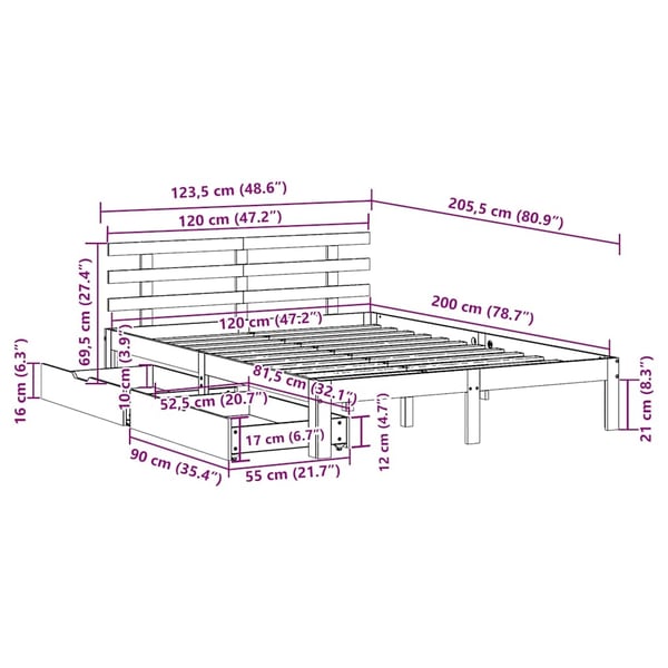 vidaXL Sengeramme med skuffer hvit 120x200 cm heltre furu