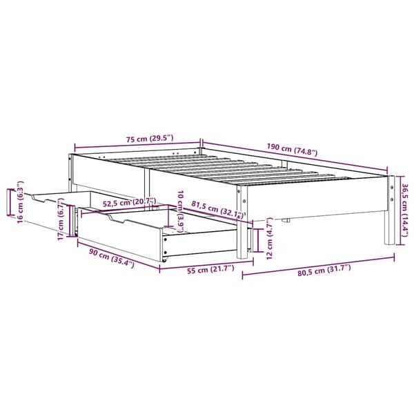vidaXL Sengeramme uten madrass voksbrun 75x190 cm heltre furu