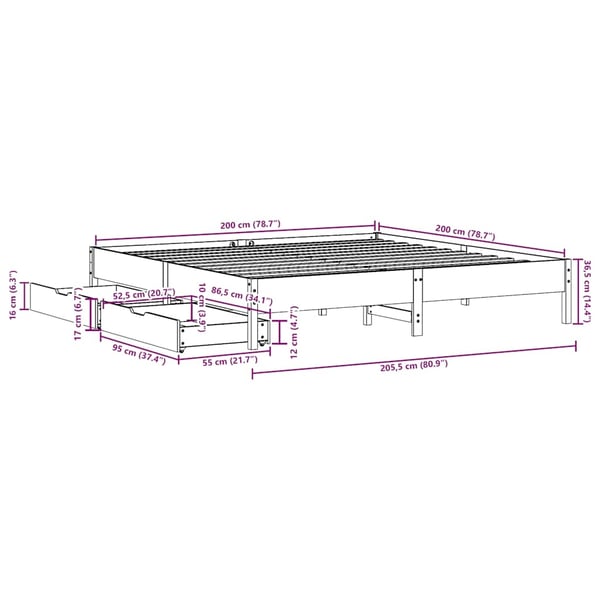 vidaXL Sengeramme med madrass hvit 200x200 cm heltre furu
