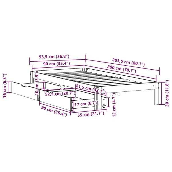 vidaXL Sengeramme med skuffer 90x200 cm heltre furu