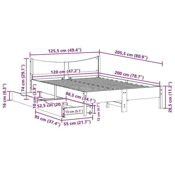 vidaXL Sengeramme med skuffer hvit 120x200 cm heltre furu
