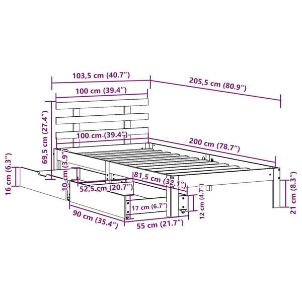vidaXL Sengeramme med skuffer 100x200 cm heltre furu