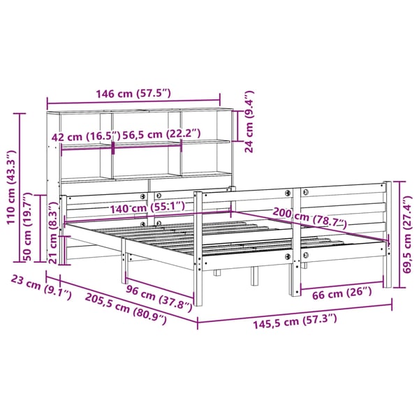 vidaXL Seng med bokhylle uten madrass hvit 140x200 cm heltre furu