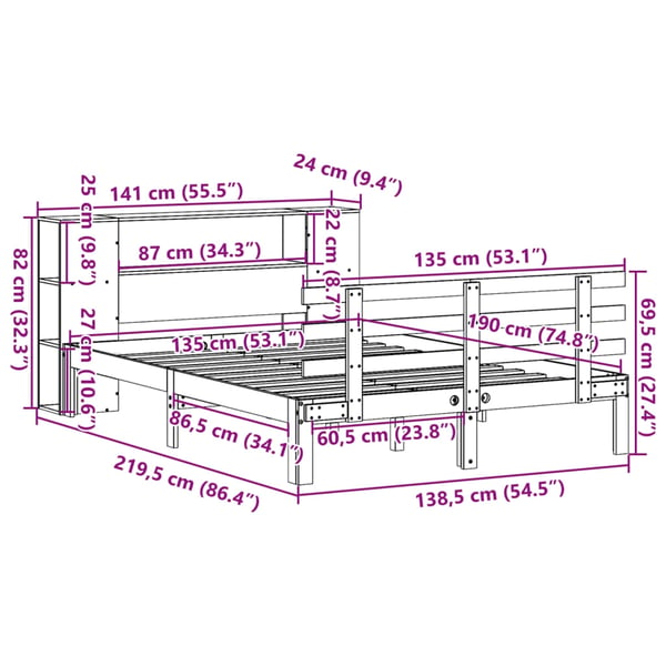 vidaXL Seng med bokhylle uten madrass 135x190 cm heltre furu