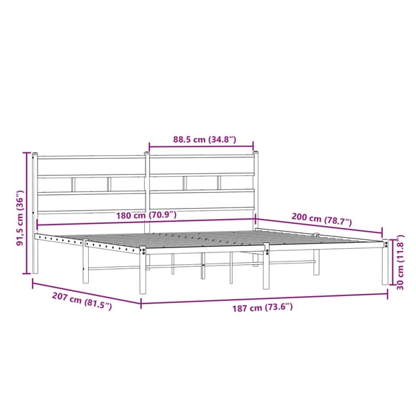 vidaXL Sengeramme i metall uten madrass røkt eik 180x200 cm