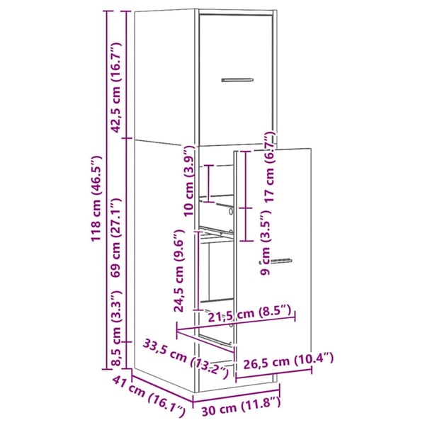 vidaXL Apotekskap artisan eik 30x41x118 cm konstruert tre