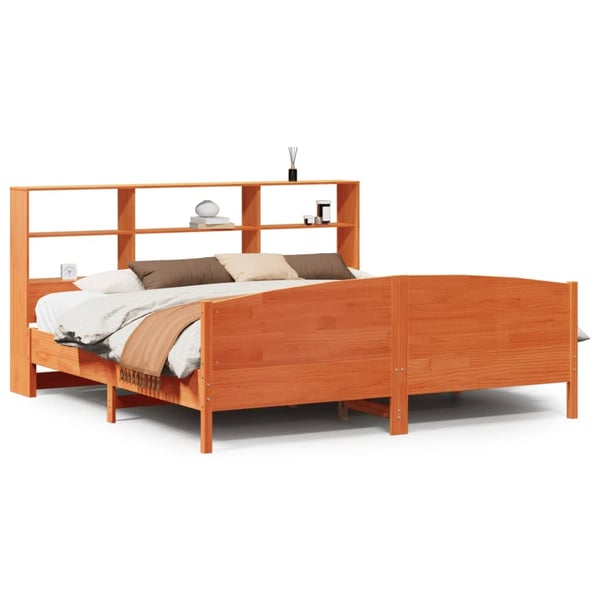 vidaXL Seng med bokhylle uten madrass voksbrun 180x200 cm heltre furu