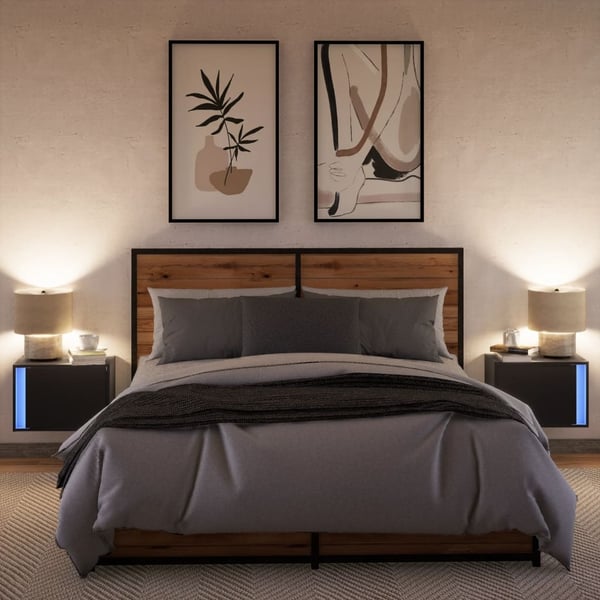 vidaXL Vegghengte nattbord med LED-lys 2 stk svart