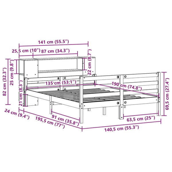 vidaXL Seng med bokhylle uten madrass 135x190 cm heltre furu