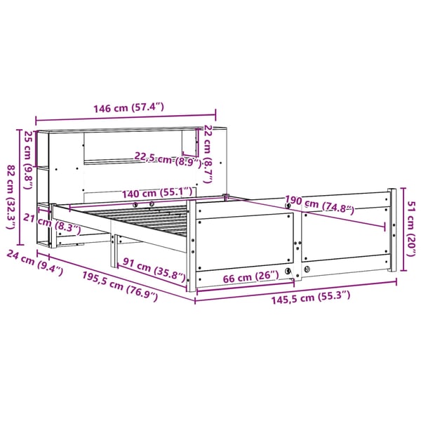 vidaXL Seng med bokhylle uten madrass hvit 140x190 cm heltre furu