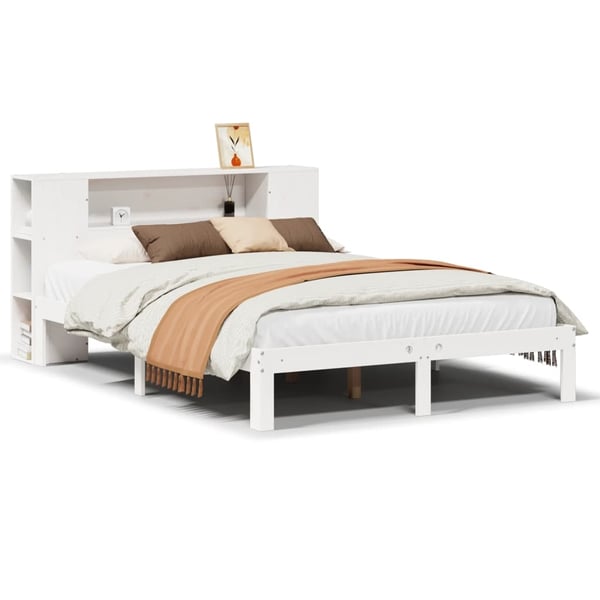 vidaXL Seng med bokhylle uten madrass hvit 135x190 cm heltre furu