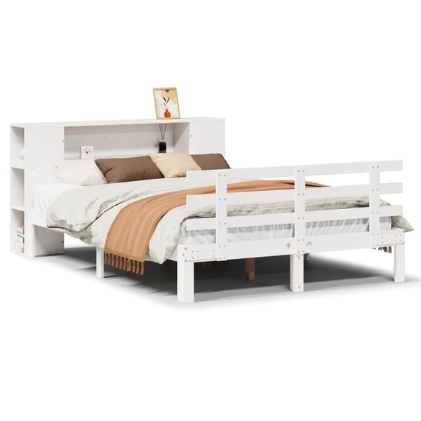 vidaXL Seng med bokhylle uten madrass hvit 135x190 cm heltre furu