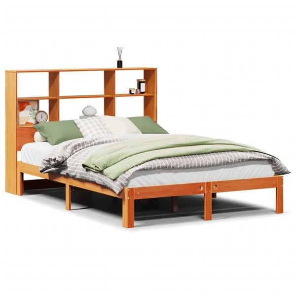 vidaXL Seng med bokhylle uten madrass voksbrun 120x190 cm heltre furu