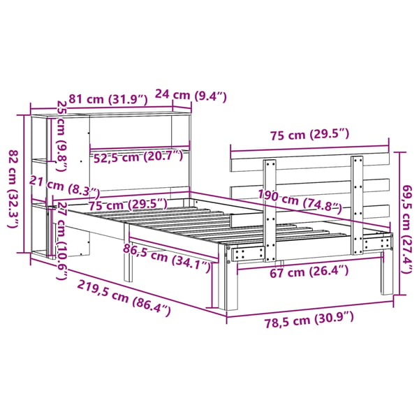 vidaXL Seng med bokhylle uten madrass hvit 75x190 cm heltre furu