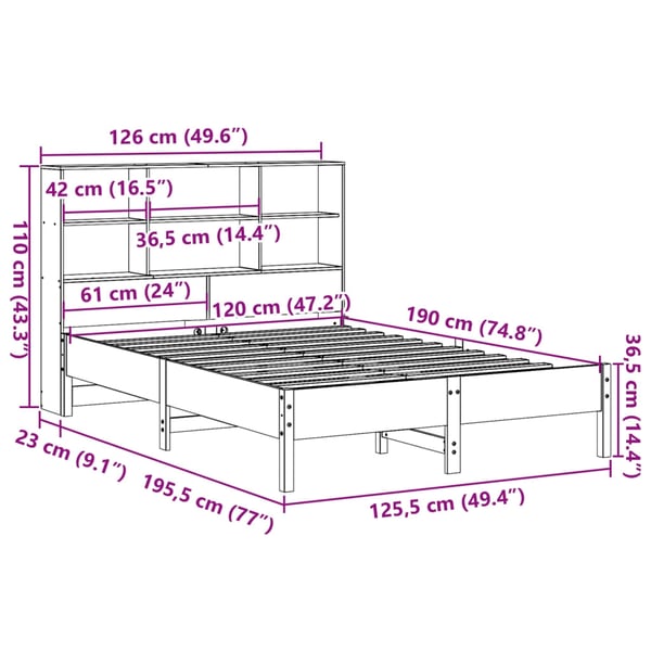 vidaXL Seng med bokhylle uten madrass voksbrun 120x190 cm heltre furu