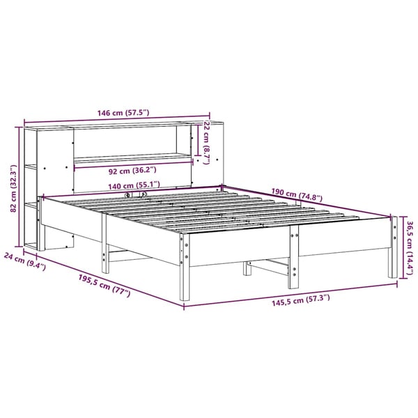 vidaXL Seng med bokhylle uten madrass hvit 140x190 cm heltre furu