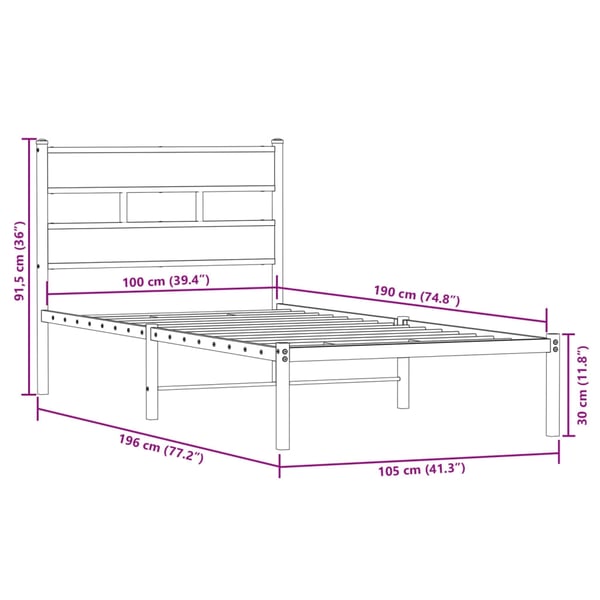 vidaXL Sengeramme i metall uten madrass røkt eik 100x190 cm
