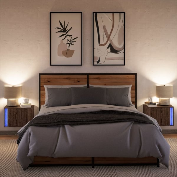 vidaXL Vegghengte nattbord med LED-lys 2 stk brun eik