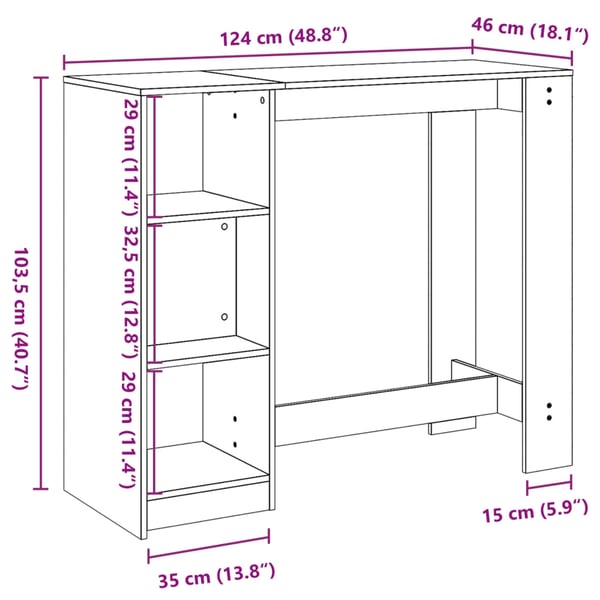 vidaXL Barbord med hylle røkt eik 124x46x103,5 cm konstruert tre