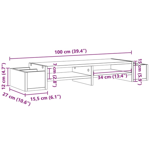 vidaXL Skjermhylle oppbevaring hvit 100x27x15 cm konstruert tre