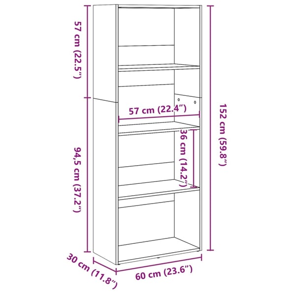 vidaXL Bokhylle artisan eik 60x30x152 cm konstruert tre