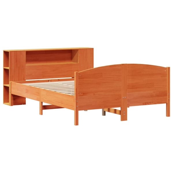 vidaXL Seng med bokhylle uten madrass voksbrun 135x190 cm heltre furu