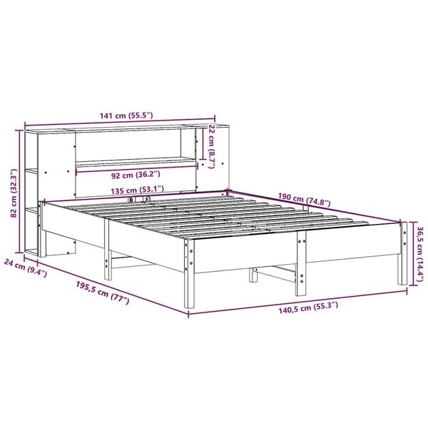 vidaXL Seng med bokhylle uten madrass voksbrun 135x190 cm heltre furu