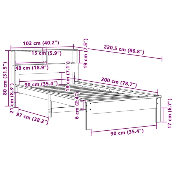 vidaXL Seng med bokhylle uten madrass voksbrun 90x200 cm heltre furu