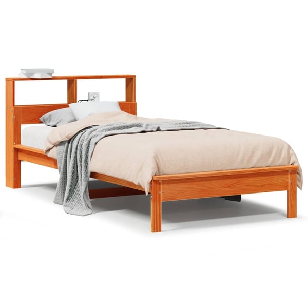 vidaXL Seng med bokhylle uten madrass voksbrun 90x200 cm heltre furu