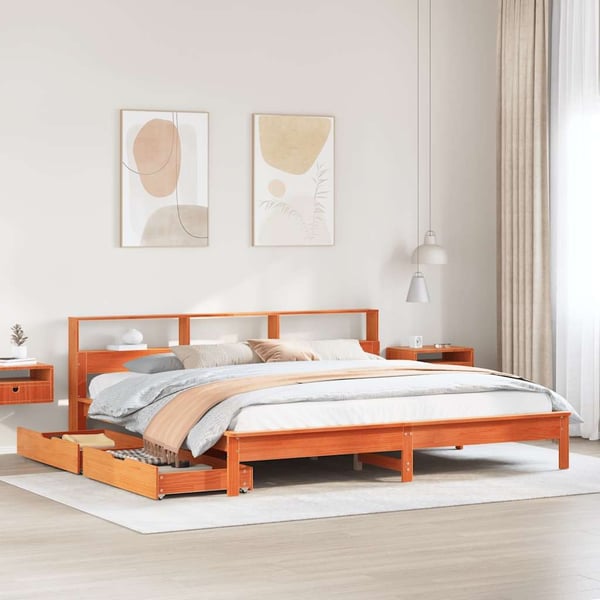 vidaXL Seng med bokhylle uten madrass voksbrun 200x200 cm heltre furu