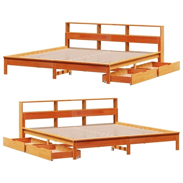 vidaXL Seng med bokhylle uten madrass voksbrun 200x200 cm heltre furu