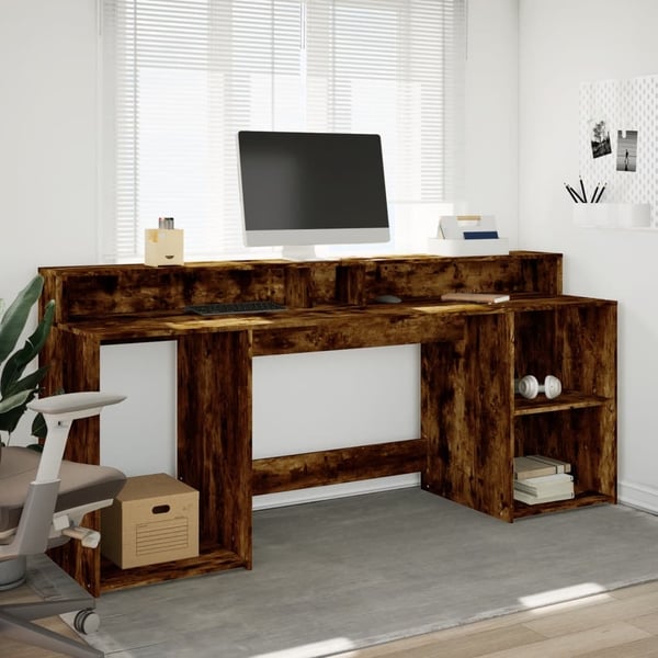 vidaXL Skrivebord med LED-lys røkt eik 200x55x91 cm konstruert tre