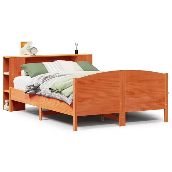 vidaXL Seng med bokhylle uten madrass voksbrun 150x200 cm heltre furu