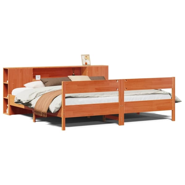 vidaXL Seng med bokhylle uten madrass voksbrun 200x200 cm heltre furu