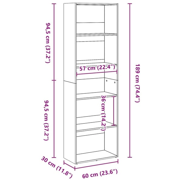 vidaXL Bokhylle sonoma eik 60x30x189 cm konstruert tre