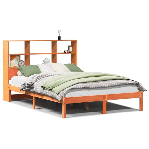 vidaXL Seng med bokhylle uten madrass voksbrun 135x190 cm heltre furu