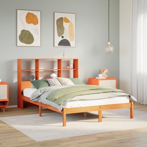 vidaXL Seng med bokhylle uten madrass voksbrun 135x190 cm heltre furu