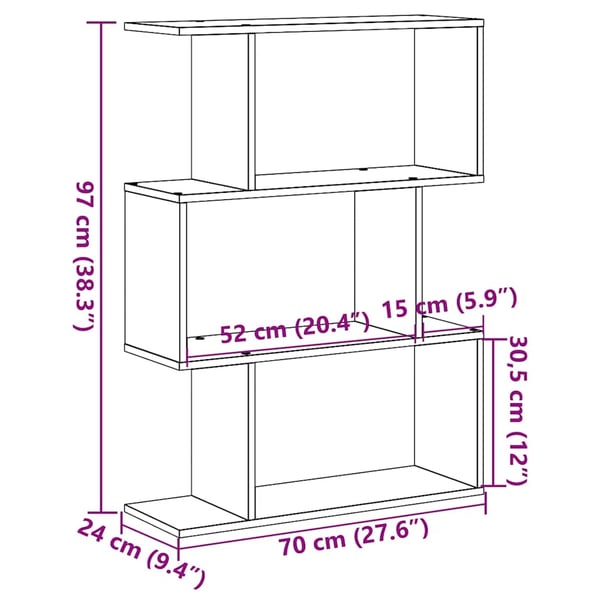 vidaXL Romdeler bokhylle 3 lag artisan eik 70x24x97 cm konstruert tre