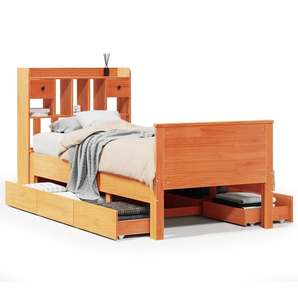 vidaXL Seng med bokhylle uten madrass voksbrun 75x190 cm heltre furu
